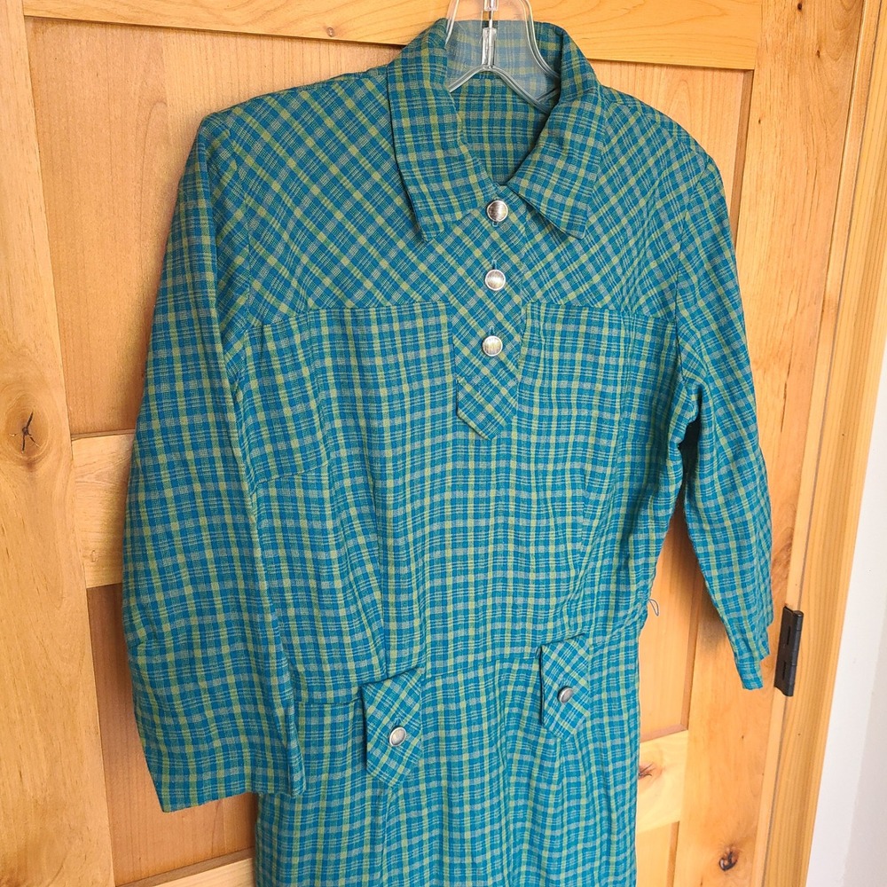 Vintage Handmade Sz L Blue Green Plaid Midi Dress Collar Cottagecore Prairie - Picture 10 of 10